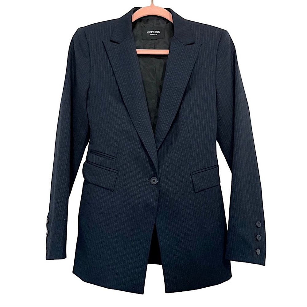 Express Women's Blazer Navy Blue Pin Stripe Single Button Double Pocket Small